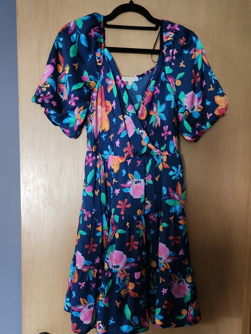 Skies Are Blue Womens Navy Floral Wrap Dress with Puff Sleeves